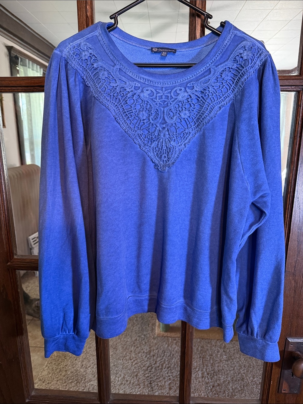 Democracy Womens XL Blue Crochet Lace Bib Long Sleeve Pullover Sweatshirt Boho